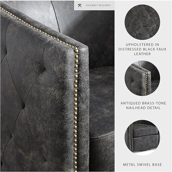 Signature Design by Ashley Brentlow Tufted Barrel Accent Swivel Chair, Distressed Black