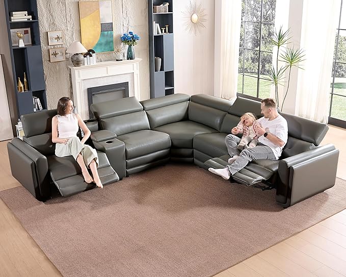 Jocisland Dual Power Recliner, Oversized 5-Seater Sofa with Console, 3 Bluetooth Speakers & Hidden Storage, Modern L Shaped Reclining Couch with 6 Charging Ports - Dark Gray Leathaire