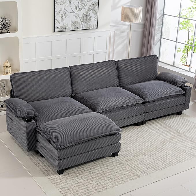 113" Convertible L Shaped Modular Sectional Sofa with Ottoman, Deep Seat Cloud Corner Couch with Layered Cushion, Corduroy Upholstered Sofa Couches w/Cupholders and Side Pockets | Wood Frame, Solid Legs