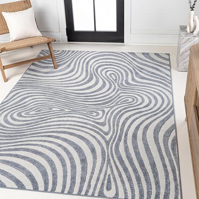 JONATHAN Y Maribo High-Low Abstract Striped Dark Blue/Cream 3x5 Indoor/Outdoor Area Rug for Patio, Backyard, Living Room, Bedroom, Office, Hose-Washable (SCN103E-3)