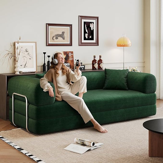 JINGLING 79" Queen Sleeper Sofa Bed with Memory Foam, Compressed Couch in a Box, Foldable Convertible Small Couches for Small Spaces Bedroom Game Room, Corduroy Fabric, Green