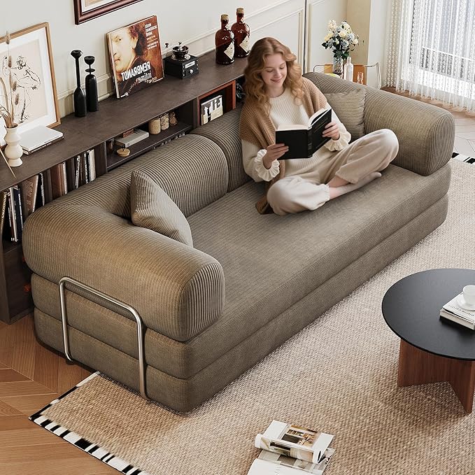 JINGLING 79" Queen Sleeper Sofa Bed with Memory Foam, Compressed Couch in a Box, Foldable Convertible Small Couches for Small Spaces Bedroom Game Room, Corduroy Fabric, Camel