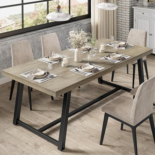 IRONCK 71" Dining Table for 6-8 People, Industrial Kitchen Table with Sturdy Metal Frame, Rectangular Grey Wood Dinner Table for Dining Room
