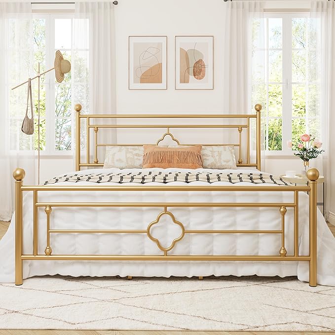 Allewie King Size Metal Platform Bed Frame with Victorian Vintage Headboard and Footboard/Mattress Foundation/Under Bed Storage/No Box Spring Needed/Noise-Free/Easy Assembly, Gold