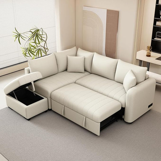 Merax Sofa Bed Sleeper Couch L Shaped Sofa with Storage Ottoman, L-Shape Sectional Couch with 2 USB Ports, 2 Power Sockets for Living Room and Small Apartment (Beige)