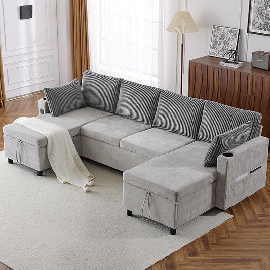 ERYE 113-Inch U-Shaped Pull Out Sleeper Couch Bed, Modern U Shaped Symmetrical Sleeper Sectional Sofa Convertible Sofa Bed with Storage Chaises & USB-C Ports for Living Room