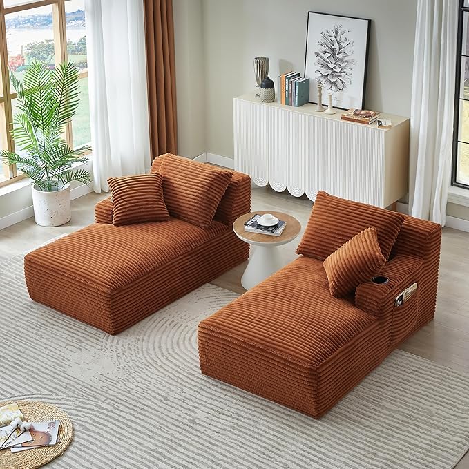 Eafurn Oversized Double Chaise Lounge Indoor with Cup Holders & Side Pocket, 71" Plush Corduroy Boneless Chaise Lounge Sofa with High Density Sponge & Deep High Seat Comfy Sleeper Couch Bed | Breathable material, No Assembly, 52" Deep Seat, 19.7" High ...