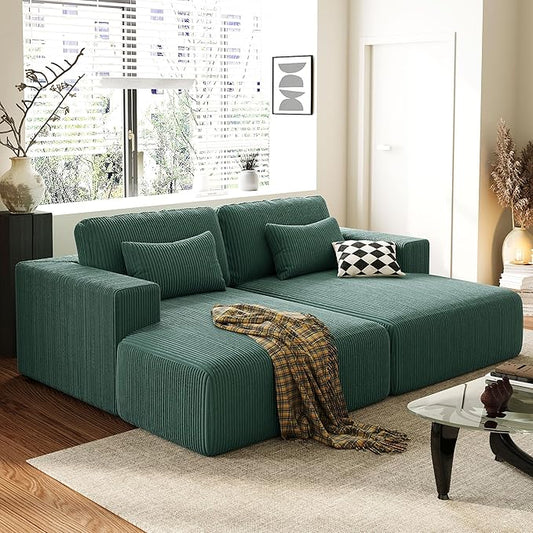 86-Inch Fluffy Corduroy Boneless Sleeper Daybed Loveseat Double Recliner Chaise Lounge Sofa Couches, Floor Cloud Sofa Chaise W/4 Pillows for Home Apartment Living Room