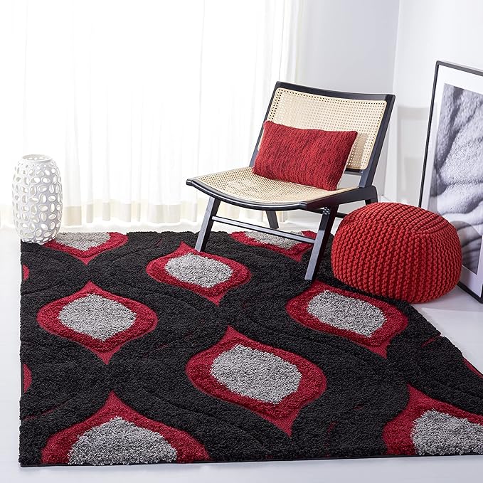 SAFAVIEH Florida Shag Collection Accent Rug - 4' x 6', Black & Red, Modern Design, Non-Shedding & Easy Care, 1.2-inch Thick Ideal for High Traffic Areas in Entryway, Living Room, Bedroom (SG461-9040)