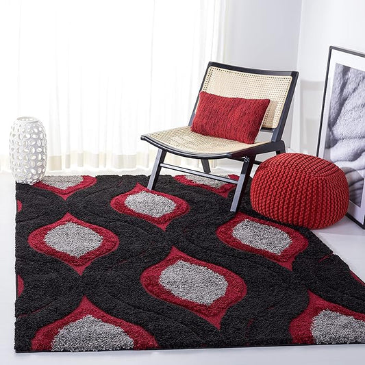 SAFAVIEH Florida Shag Collection Area Rug - 6' x 9', Black & Red, Modern Ogee Design, Non-Shedding & Easy Care, 1.2-inch Thick Ideal for High Traffic Areas in Living Room, Bedroom (SG461-9040)
