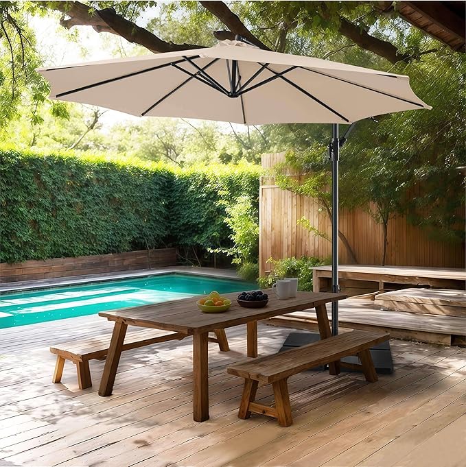 FLAME&SHADE 10ft Cantilever Patio Umbrella Outdoor, Large Offset Umbrella with Crank and Cross Base, UPF 50+ UV Protection Hanging Umbrella for Pool Deck Garden, Beige