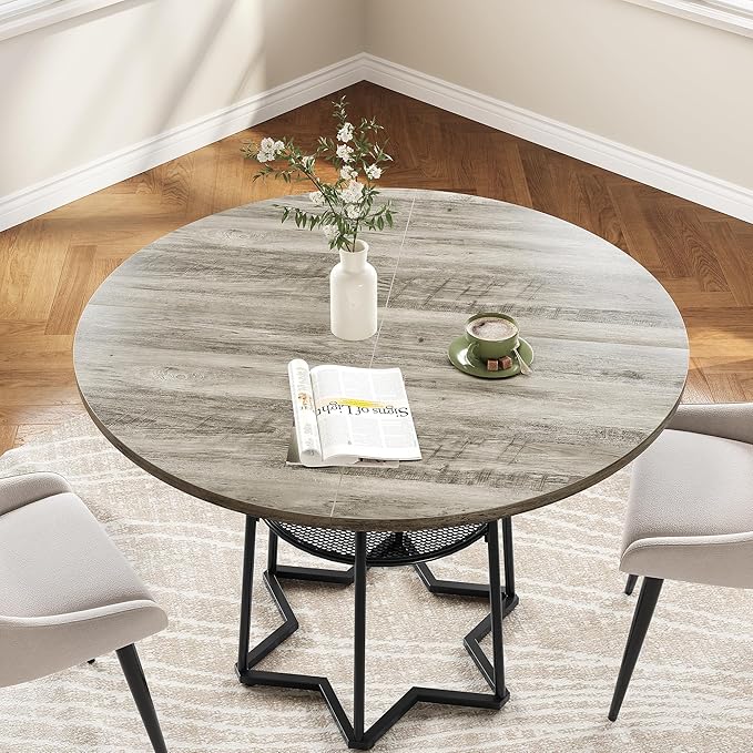 IDEALHOUSE Round Dining Table for 4, 38" Farmhouse Kitchen Table with 17.7" Storage, Small Circle Dinner Tables, Space Saving, Wood Kitchen & Dining Room Furniture for Dining Room, Apartmen, Grey