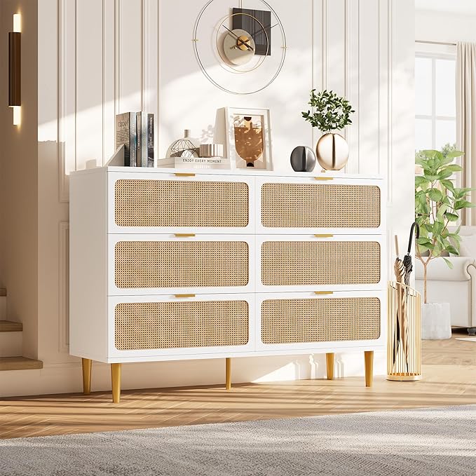 GarveeHome Rattan 6 Drawer Dressers for Bedroom, Large Double Dresser with Deep Drawers, Chest of Drawers for Closet with Wide Top, Long Wooden Dresser for Living Room, Hallway, Kids Room, White