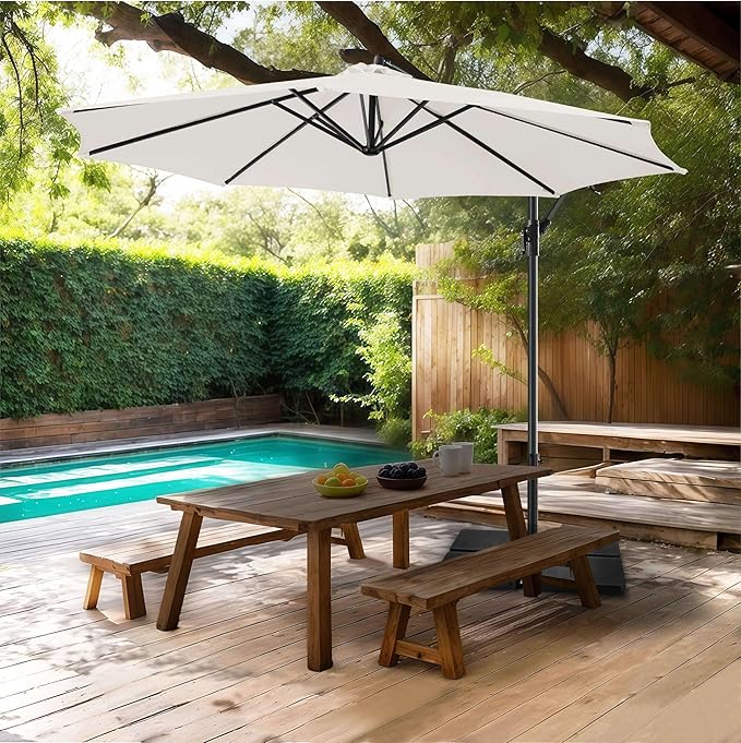 FLAME&SHADE 10ft Cantilever Patio Umbrella Outdoor, Large Offset Umbrella with Crank and Cross Base, UPF 50+ UV Protection Hanging Umbrella for Pool Deck Garden, Ivory