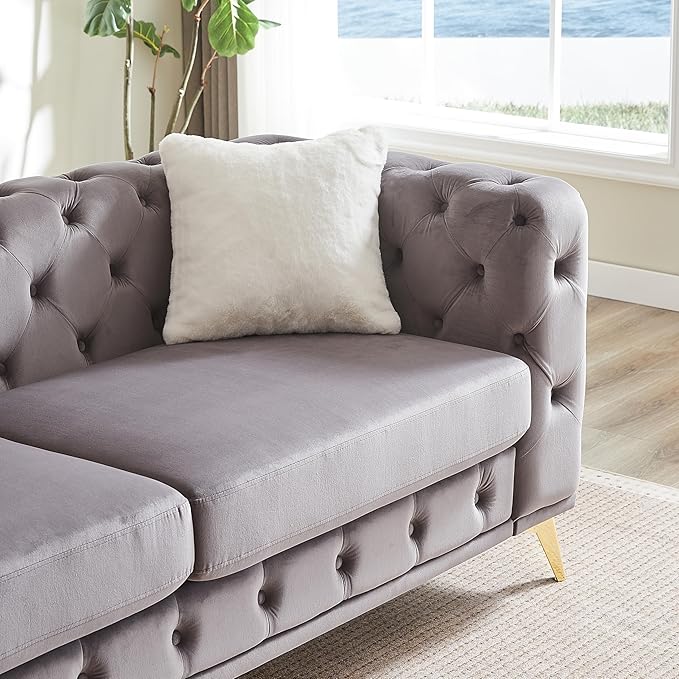 KEIKI 2-Piece Luxury Chesterfield Sofa Set with 1 Velvet 3-Seater Sofa & 1 Loveseat Sofa, Mid-Century 5-Seater Tufted Button Couch Set with 4 Pillow & High-Density Foam Cushion, for Living Room, Gray