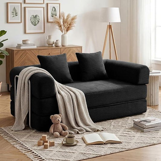 59'' Convertible Compressed Corduroy Folding Cloud Sofa Bed, Modern Boneless Pull Out Loveseat Sleeper in a Box, 4 in 1 Floor Mattress Futon Cloud Couch, No Assembly Needed, Black, 2 Pillows, Queen