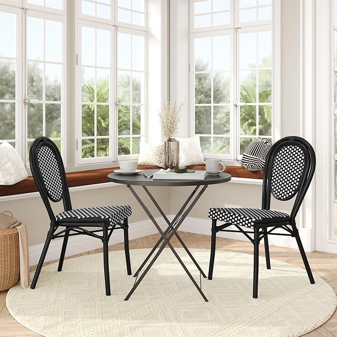 Flash Furniture Lourdes Indoor/Outdoor Commercial Thonet Bistro Stack Chair - Black/White PE Rattan Back and Seat - Black Metal Frame - Set of 2