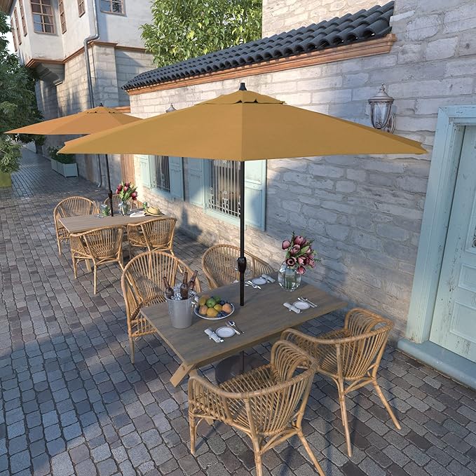 California Umbrella 12-Year Protection 9-Ft Outdoor Patio Umbrella, Sunbrella Fade-Resistant Acrylic Fabric, Auto Tilt and Crank, Heavy-Duty Aluminum Frame/ Reinforced Ribs, Bronze Pole, Wheat
