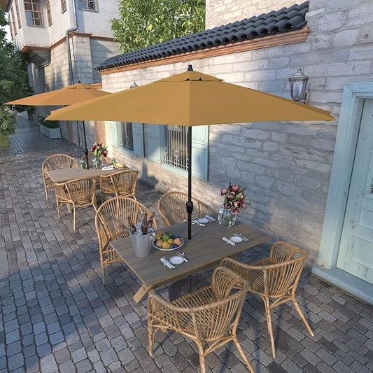 California Umbrella 12-Year Protection 9-Ft Outdoor Patio Umbrella, Sunbrella Fade-Resistant Acrylic Fabric, Auto Tilt and Crank, Heavy-Duty Aluminum Frame/ Reinforced Ribs, Bronze Pole, Wheat