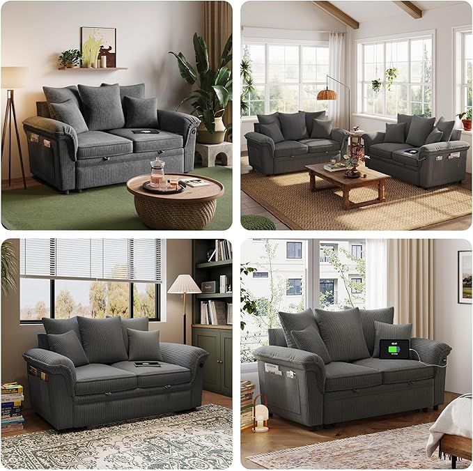 LINSY HOME Sectional Loveseat Sofa with Pull Out Chaise (Gray, 62.5'') | USB Charging, Pillow-style Armrest, Multiple Cushions, Side Storage Pockets, Corduroy Fabric