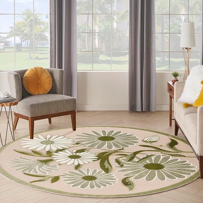 Nourison Home Aloha Ivory Green 7'10" x Round Area Rug - Easy Clean, Non Shedding, Bed Room, Living Room, Dining Room, Kitchen (8' x Round)