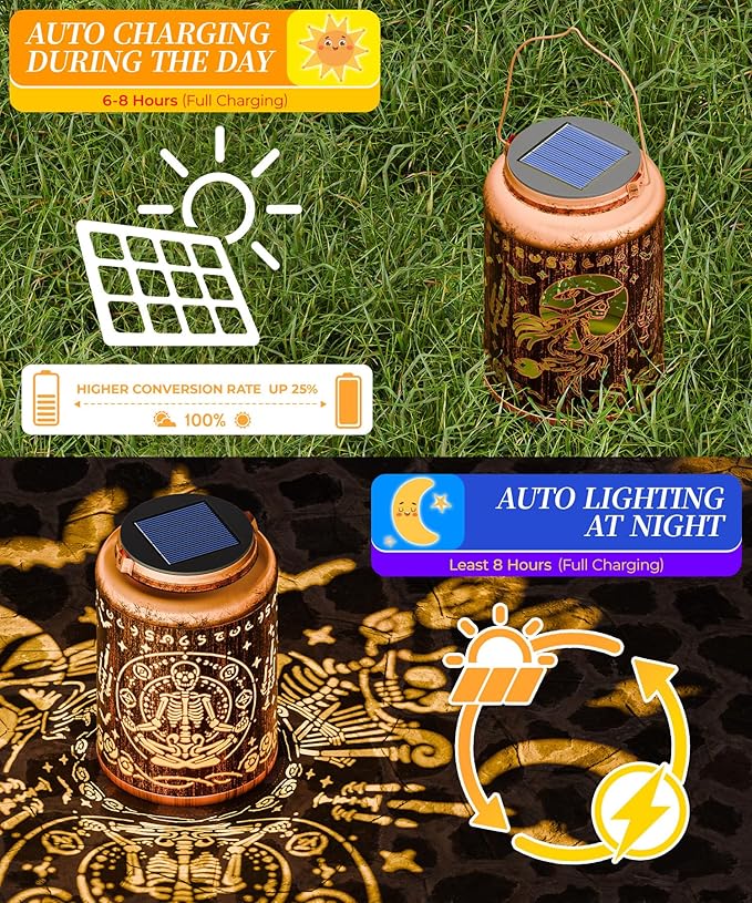 Solar Lanterns Outdoor Waterproof Decorative Garden Solar Lights Outdoor,Hanging Hollow Out Metal Ornaments Decor for Outside Lawn,Patio,Balcony,Yard Unique Gifts for Women Gothic Witchy Spooky Skull