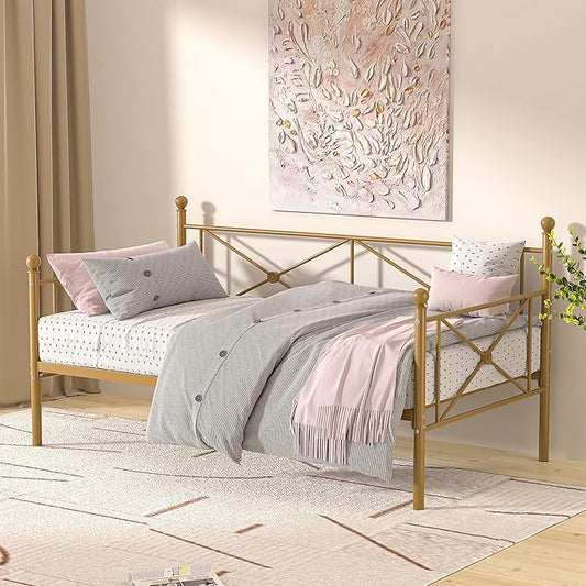 VECELO Daybed Twin Size, Day Bed Frame with Headboard, Heavy-Duty Metal Slats Support Platform for Living Room, Guest Room, Easy Assembly, Gold