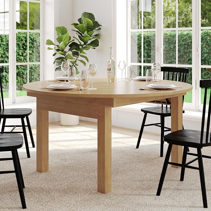 Flash Furniture Hercules Commercial Round Farmhouse Folding Table, Antique Rustic Solid Pine Dining Room Table, Foldable Locking Legs, 60" Diameter, Light Natural
