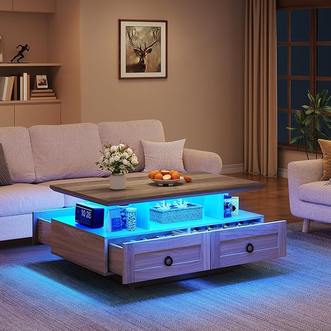 YITAHOME Farmhouse LED Coffee Table with Storage 4 Drawers, Wood Coffee Tables for Living Room, 2 Tiers Open Display Area with Metal Chic Handles, Industrial Cocktail Center Table, Brown and Oak