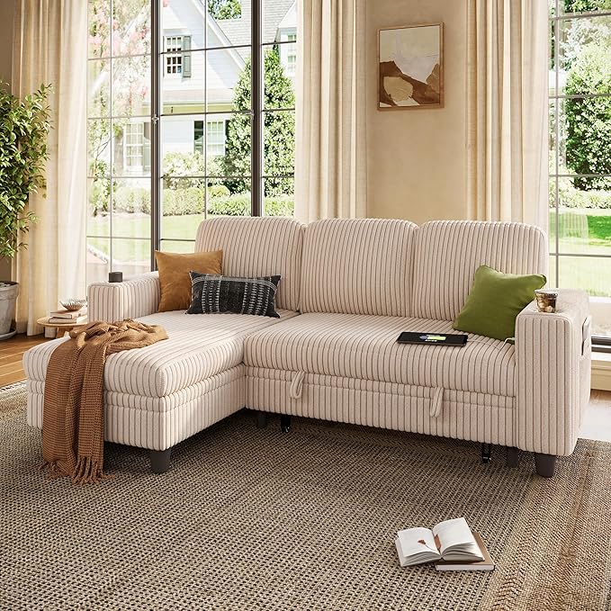 LINSY HOME Sectional Sleeper Sofa Pull Out Couches for Living Room (Beige, Sleeper Sofa 1) | Pull Out Sofa Bed, Storage, USB Charging, Cup Holders, Plush Corduroy | Pull Out Sofa Bed, Storage, USB Charging, Cup Holders, Plush Corduroy, Convertible Sofa...