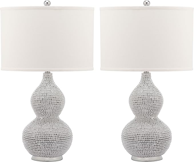 Safavieh Lighting Collection Nicole Bead Base Silver and White Table Lamp, Set of 2