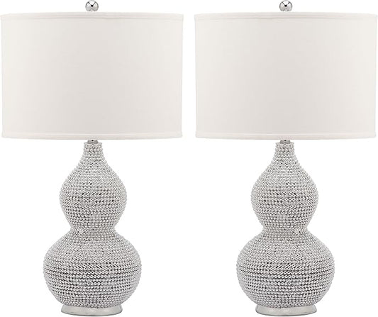 Safavieh Lighting Collection Nicole Bead Base Silver and White Table Lamp, Set of 2