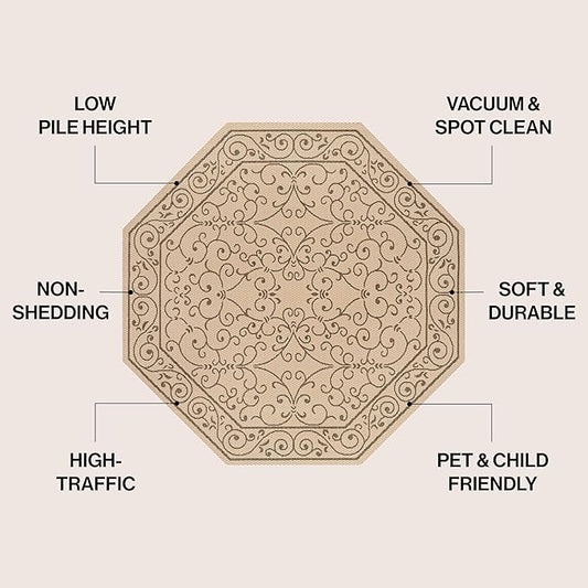 JONATHAN Y Vintage Filigree Indoor Outdoor Octagon Area Rug 8 Ft Beige/Brown, Charleston Textured Weave for Backyard, Patio, Porch, Easy-Cleaning, High Traffic, Pet-Friendly Non-Shedding SMB106A-8TGN