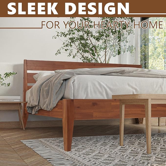 Acacia Emery Bed Frame with Headboard Solid Wood Platform Bed, King Size Bed Frame, Mid - Century Modern Wood Bed Compatible with All Mattresses, Easy Assembly, Non-Slip (Walnut, King)
