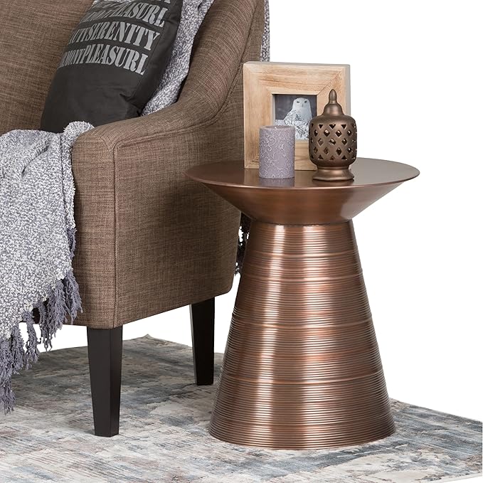 SIMPLIHOME Sheridan Metal Table - 18" Wide x 20" High Solid Metal Round Side Table in Aged Copper, Industrial Accent Table for Living Room, Bedroom, or Office with Sculptural Design, Assembled