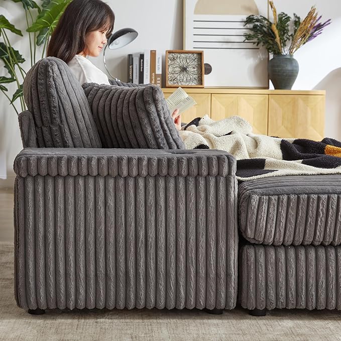 Corduroy Upholstered Modular Sectional Sofa Cloud Couch with Movable Ottoman, 84" Oversized Loveseat Convertible Sleeper Sofabed with 3 Cushion Backrest and Throw Pillows