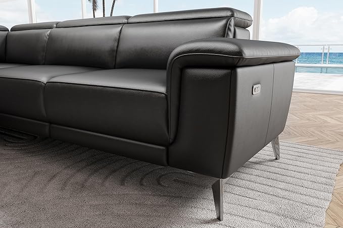Valencia Pista 113" Full Leather Reclining Sectional Sofa with Left Hand Chaise | Power Recliner Chair, Nappa 11000 Leather | Sectional Couch for Living Room Furniture, Black