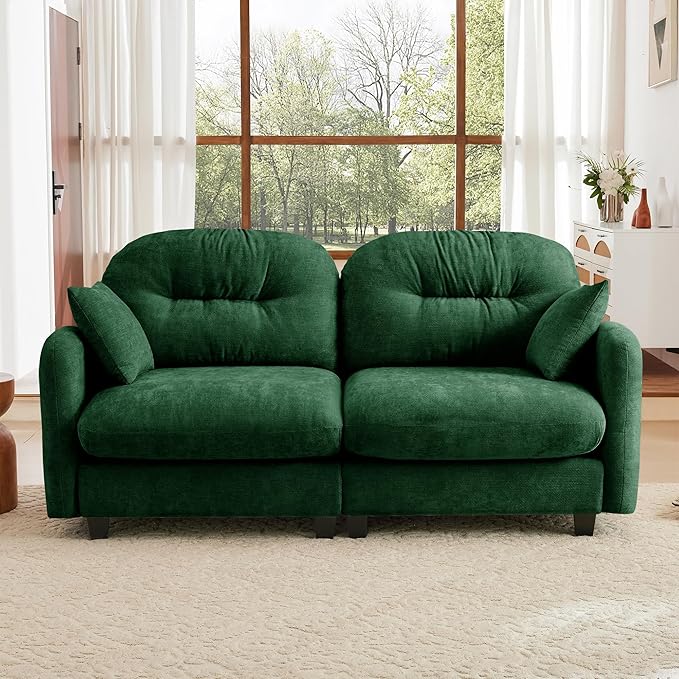KEIKI 74" Oversized Chenille Modular Sectional Loveseat Sofa with High-Density Foam Cushions and Tufted Pleated Cushion Backrest, Upholstered 2-Seater Cloud Couch with 2 Pillow, for Living Room, Green