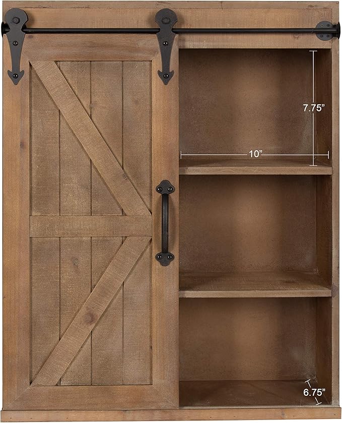 Kate and Laurel Cates Wood Wall Storage Cabinet with Sliding Barn Door; 22 x 9 x 28; Rustic Brown; Decorative Farmhouse Over the Toilet Cabinet with Three Shelves for Bathroom or Kitchen Storage