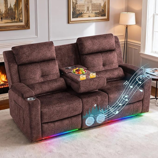 Power Reclining Loveseat with Flip Backrest, Power Loveseat Recliner Sofa with LED Lights, Bluetooth Speaker, 3-Seater Recliner Sofa with Arm/Seat Storage (Brown, Loveseat with Console)
