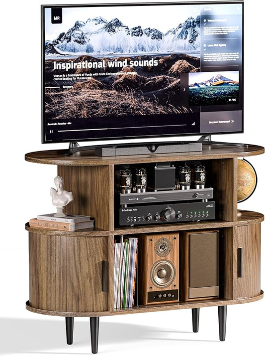 35.4" Fluted Small TV Stand, Mid Century Modern TV Stands for Bedroom,TV Entertainment Center with Storage for TVs, Round Media Console Cabinet with Sliding Doors for Bedroom, Living Room (Walnut)