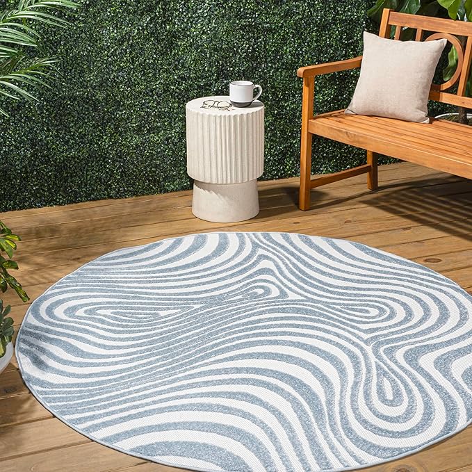 JONATHAN Y Maribo High-Low Abstract Striped Light Blue/Ivory 8' Round Indoor/Outdoor Area Rug, Pet Friendly, Non-Shedding, Stain Resistant, Easy-Cleaning for Backyard, Patio, Porch (SCN103C-8R)