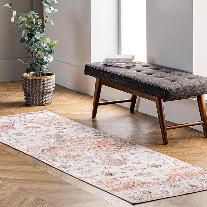 Nuloom SpinClean Banks Beige/Ivory, 2'6" x 8', Vintage, Soft and Cozy, High Traffic, Stain Resistant, Easy Clean, Durable, Machine Washable Runner for Bedroom, Living Room, Dining, Foyer