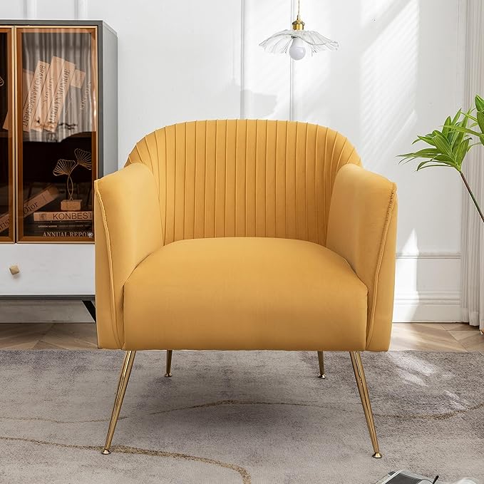 Contemporary Velvet Accent Chairs for Living Room, Bedroom and Entryway, Modern Armchair with Sleek Metal Legs, Elegant Seating Solution for Small Spaces, Mustard Yellow