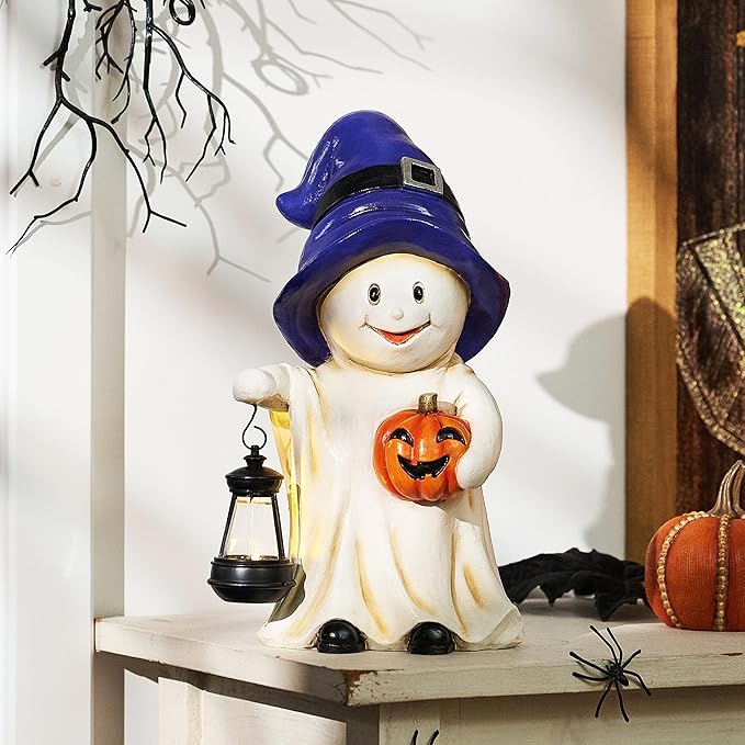 TERESA'S COLLECTIONS Halloween Decorations, Ghost Decor, Medium Ghost with Solar Light, Waterproof Resin Halloween Decor, Party Gifts Indoor/Outdoor