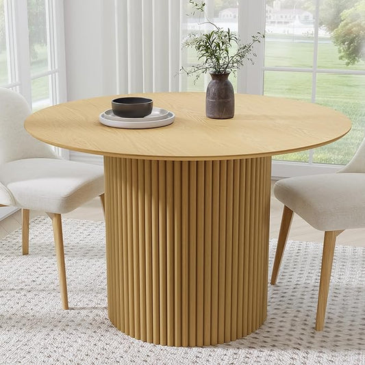 Casaphoria 46" Round Dining Table, Modern Wood Kitchen Table with Cylinder Stripe Base for Living Room & Dining Room, Easy Assembly Farmhouse Furniture for 4-6, Oak