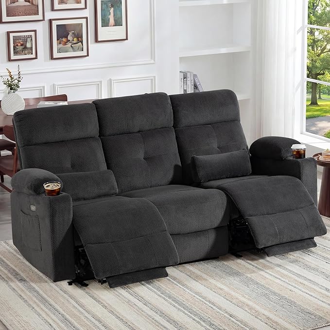 Power Reclining Sofa with Heat and Massage| RV Wall Hugger Recliner Sofa with Electric Tilt | RV 3 Seater Recliner Sofa for Living Room (Sofa Grey)