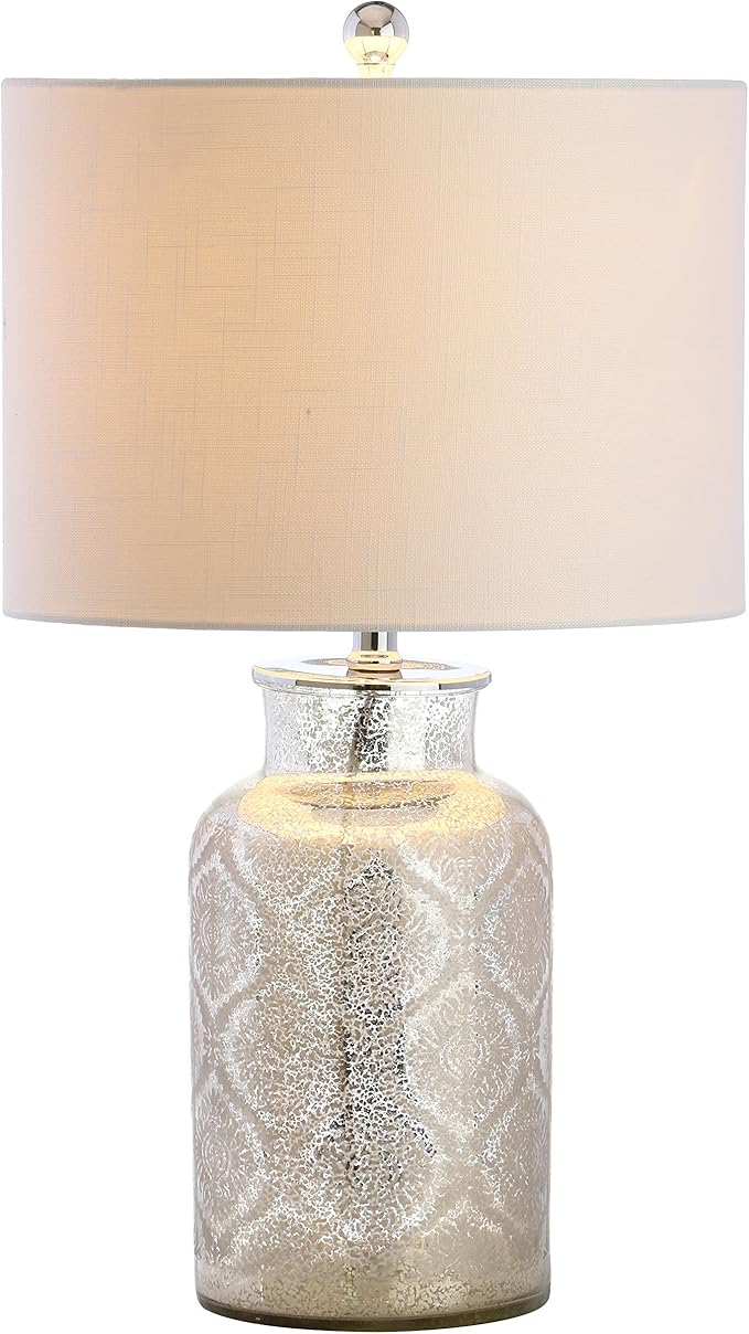 JONATHAN Y 24.5" Mercury Silver Trellis Glass Table Lamp for Living Room, White Linen Shade, Modern Bedside Nightstand Lamp for Bedroom, LED Bulb Included, UL Listed JYL1063A