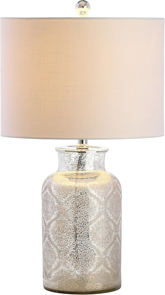 JONATHAN Y 24.5" Mercury Silver Trellis Glass Table Lamp for Living Room, White Linen Shade, Modern Bedside Nightstand Lamp for Bedroom, LED Bulb Included, UL Listed JYL1063A
