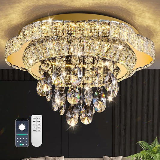 18" Gold Crystal LED Ceiling Light with Remote Control,Flush Mount Chandelier with 3-Color Dimmable for Living Room Bedroom Dining Room Hallway - Modern Flower Design